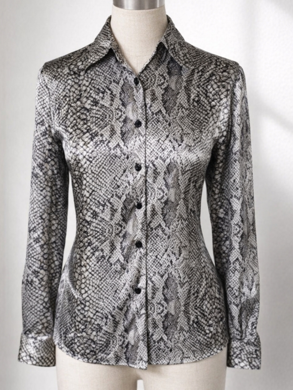 Vintage Notations Silky Snake Print Button Down Blouse Grey White Petite Small